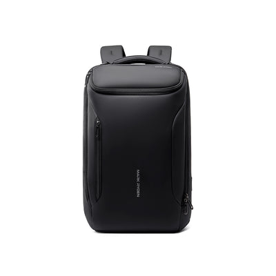 Black MarkRyden Compacto Pro backpack with sleek futuristic design, large capacity, and multiple zippered compartments for daily use.