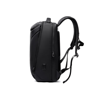Compacto Pro: MarkRyden's top-selling black daily backpack with futuristic design, multiple zippered compartments, and padded straps for large capacity.