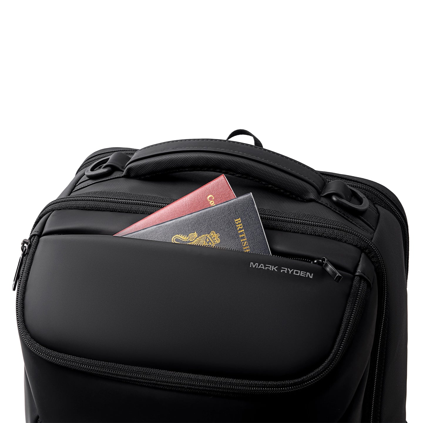 Mark Ryden black backpack with passports in front pocket - modern travel bag