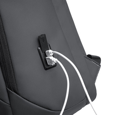 Gray MarkRyden Compacto Pro backpack with USB charging port and white cables - modern daily bag
