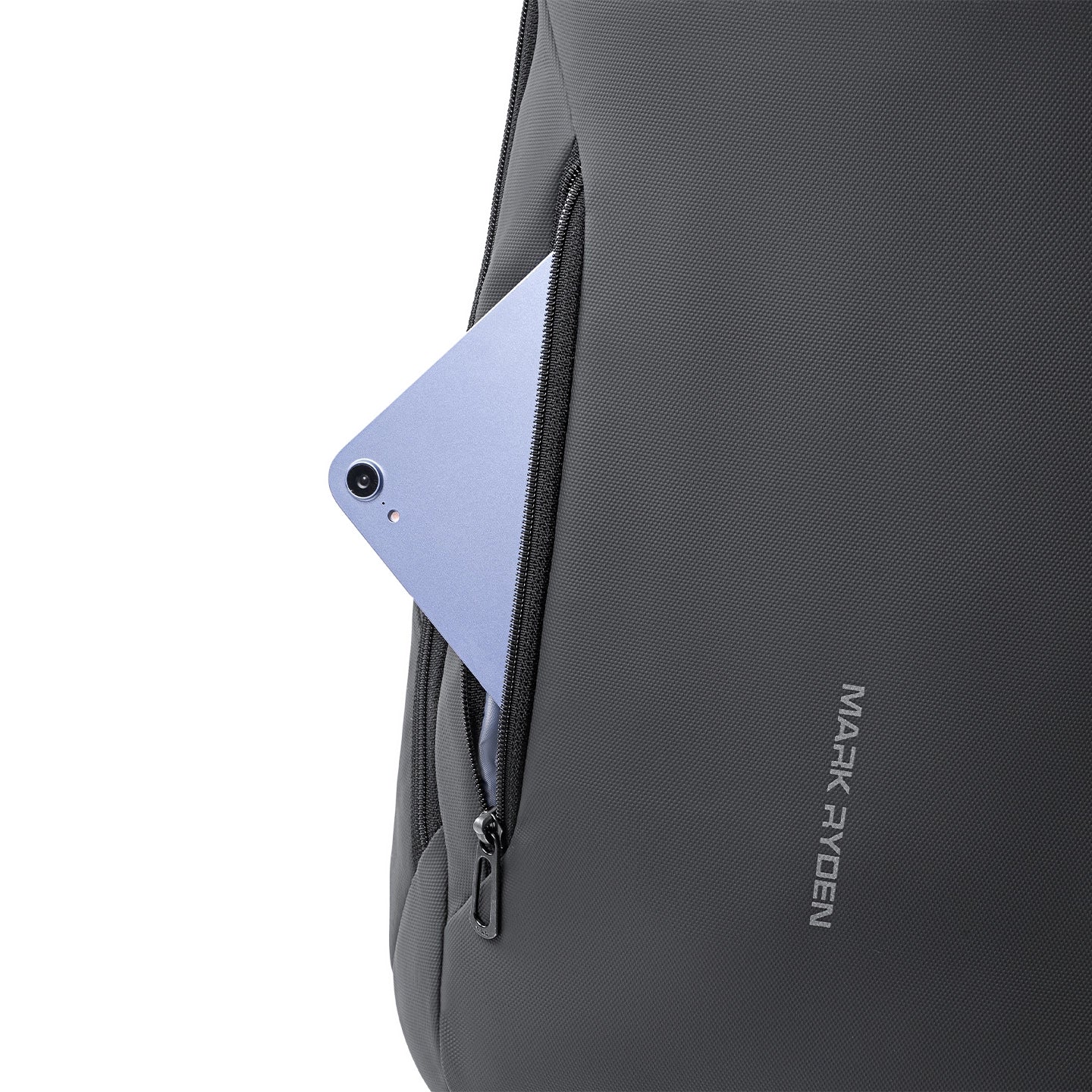 Mark Ryden dark gray backpack with zippered pocket holding light blue phone, futuristic design