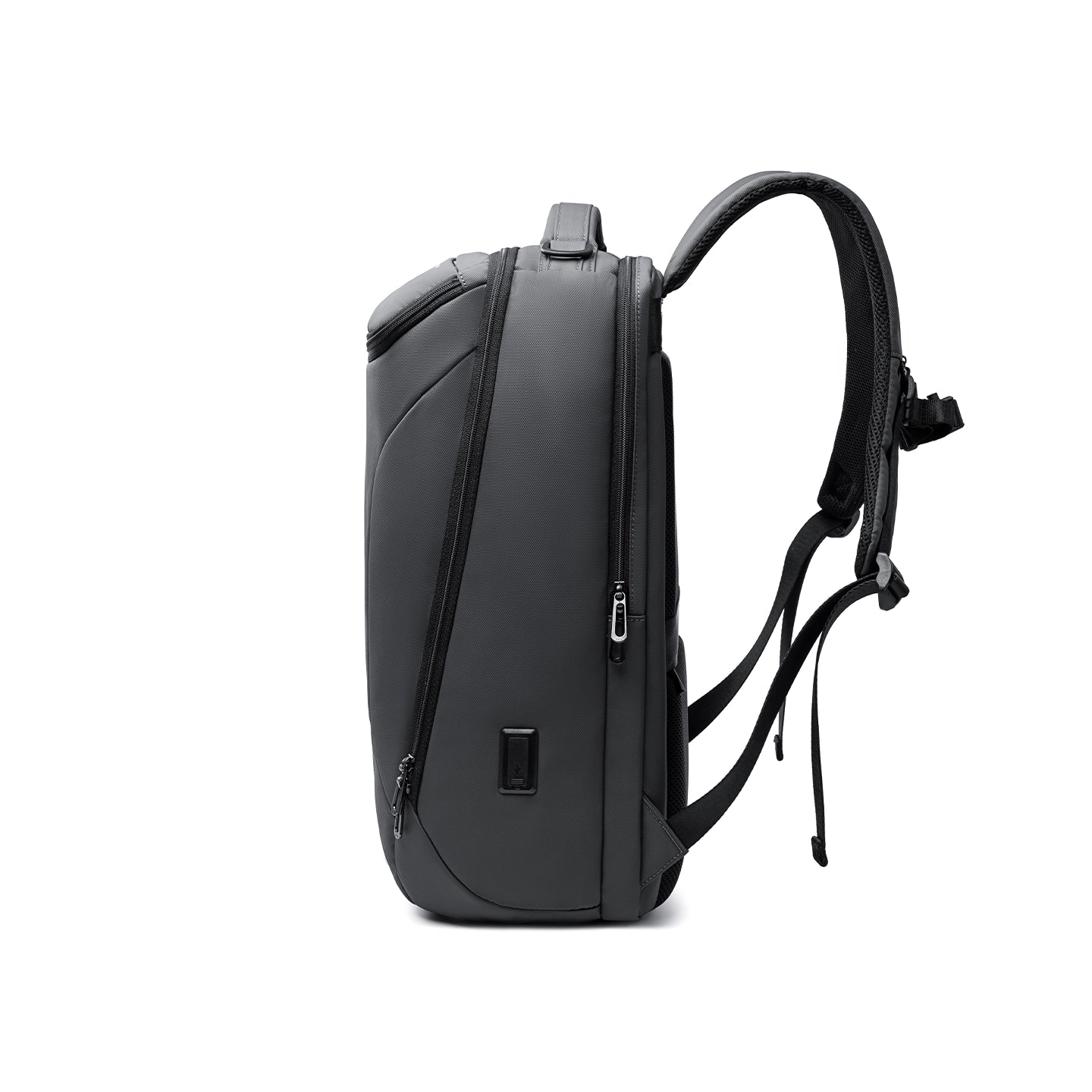 Sleek black MarkRyden Compacto Pro backpack with futuristic design, multiple zippers, padded straps