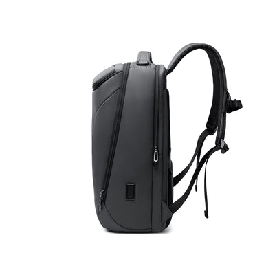 Sleek black MarkRyden Compacto Pro backpack with futuristic design, multiple zippers, padded straps