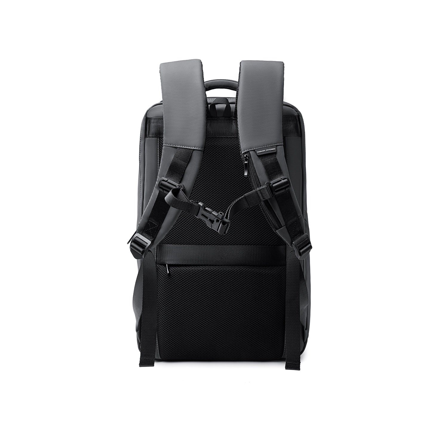 MarkRyden Compacto Pro backpack - black with gray straps, padded mesh back, modern design