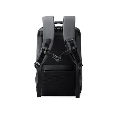 MarkRyden Compacto Pro backpack - black with gray straps, padded mesh back, modern design