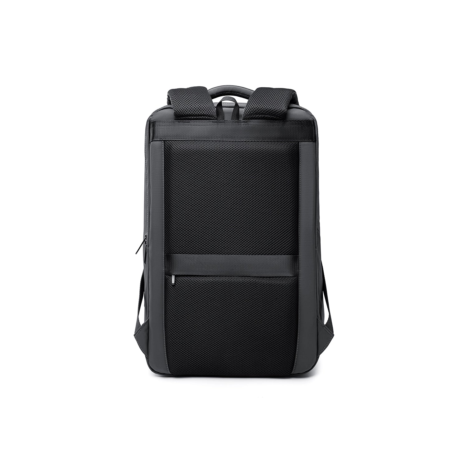 Black and gray MarkRyden Compacto Pro backpack with mesh back panel, padded shoulder straps, and zippered pocket – futuristic design, large capacity for daily use.