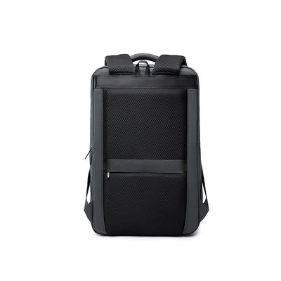 Black and gray MarkRyden Compacto Pro backpack with mesh back panel, padded shoulder straps, and zippered pocket – futuristic design, large capacity for daily use.