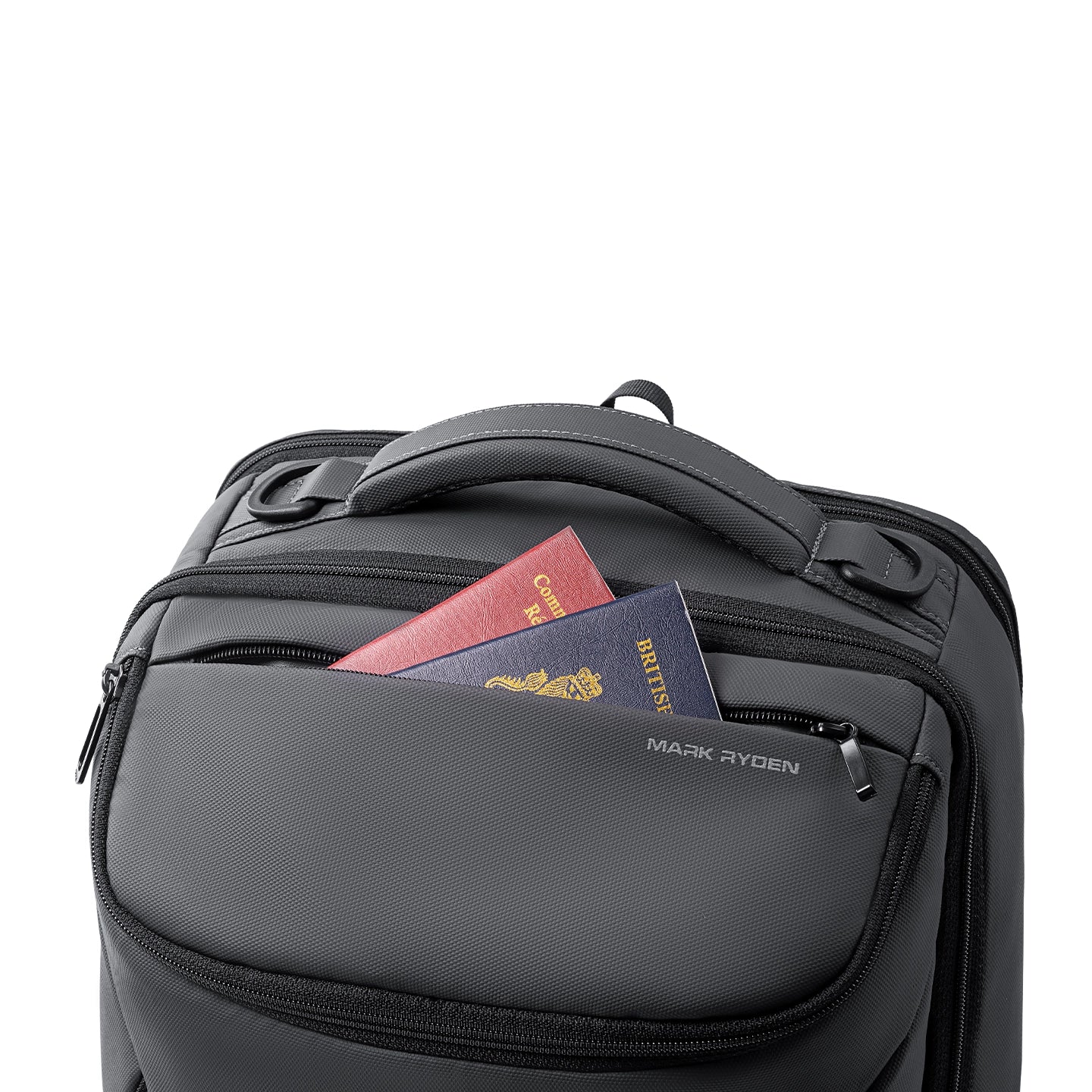 Mark Ryden black futuristic daily backpack with front pocket holding passports