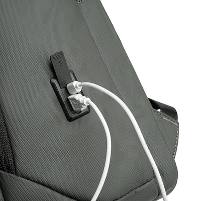 Gray Mark Ryden backpack with USB charging port & cable, futuristic daily bag