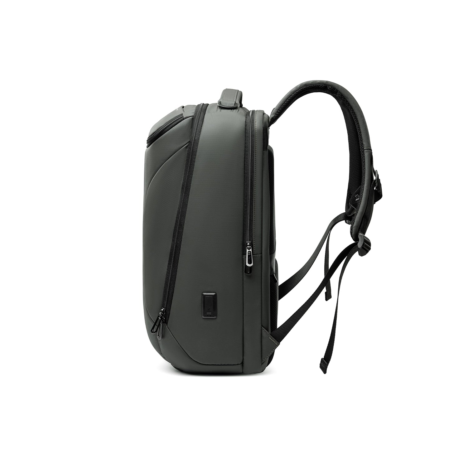 MarkRyden Compacto Pro dark gray backpack with futuristic design, large capacity, multiple zippered compartments, USB port, and padded shoulder straps for daily use.
