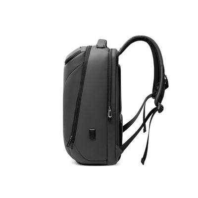 MarkRyden Compacto Pro dark gray backpack with futuristic design, large capacity, multiple zippered compartments, USB port, and padded shoulder straps for daily use.