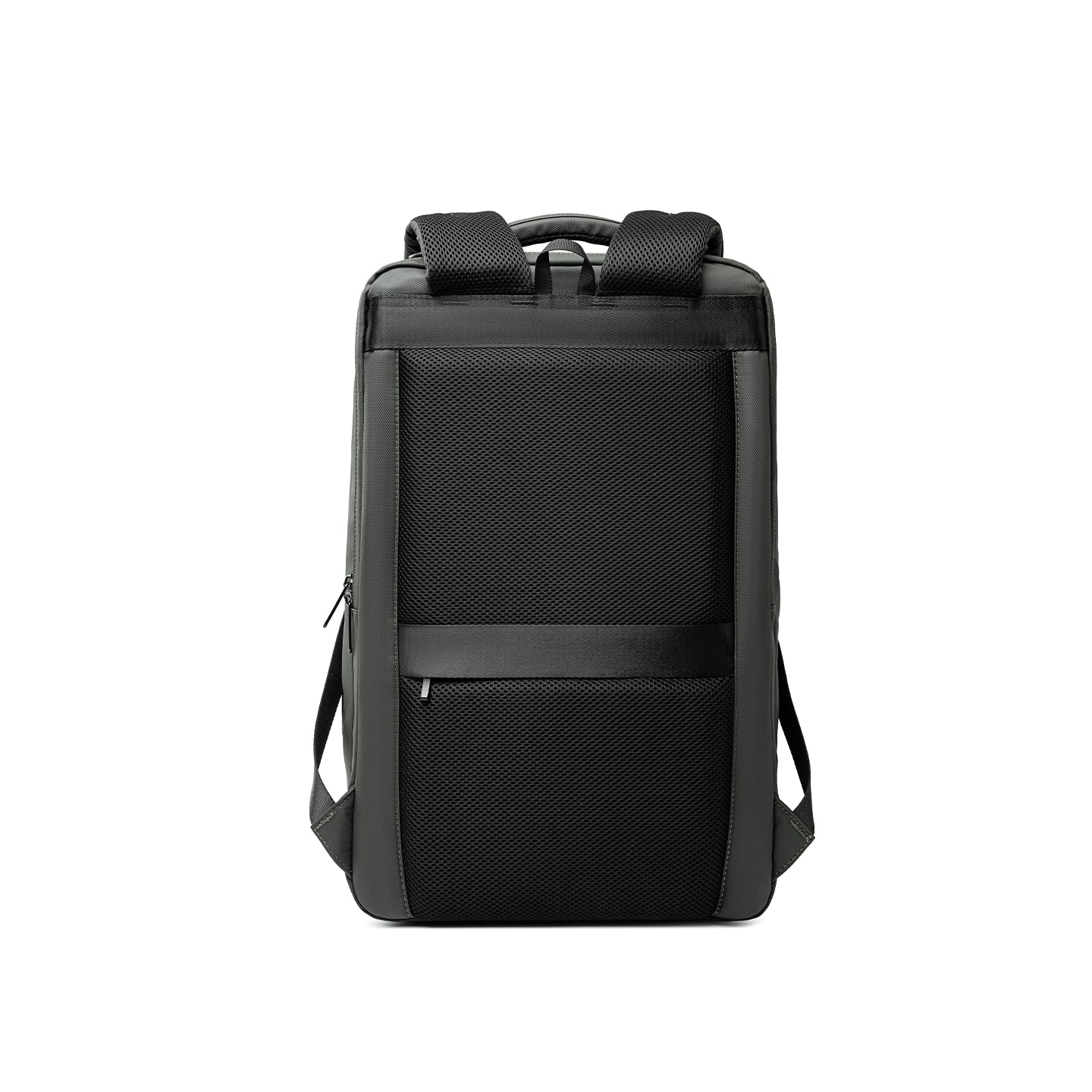 Back view of MarkRyden Compacto Pro futuristic design daily backpack in dark gray with black mesh back panel, top handle, and zippered pocket