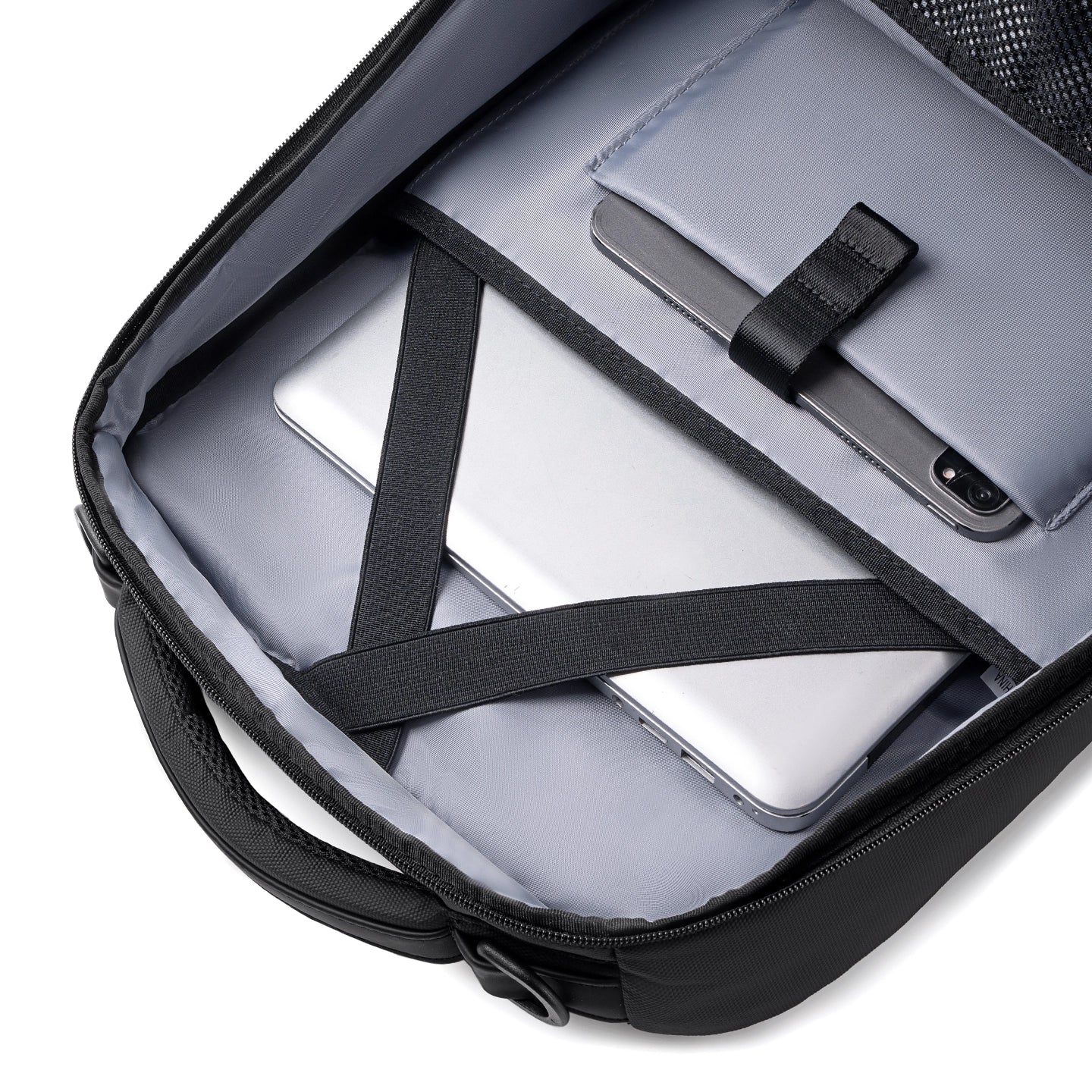 MarkRyden Compacto Pro backpack - black with gray interior, holds laptop & phone, secure compartments