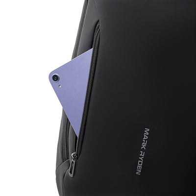 Black Mark Ryden backpack with purple device in zippered pocket daily use