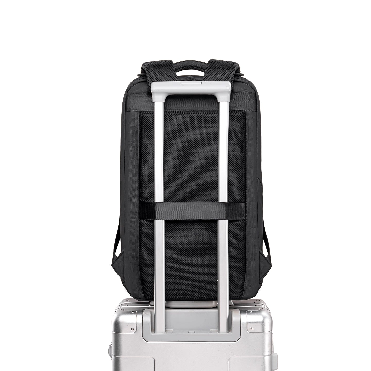 Compacto Pro: MarkRyden black futuristic daily backpack with trolley sleeve attached to silver suitcase, large capacity for travel.