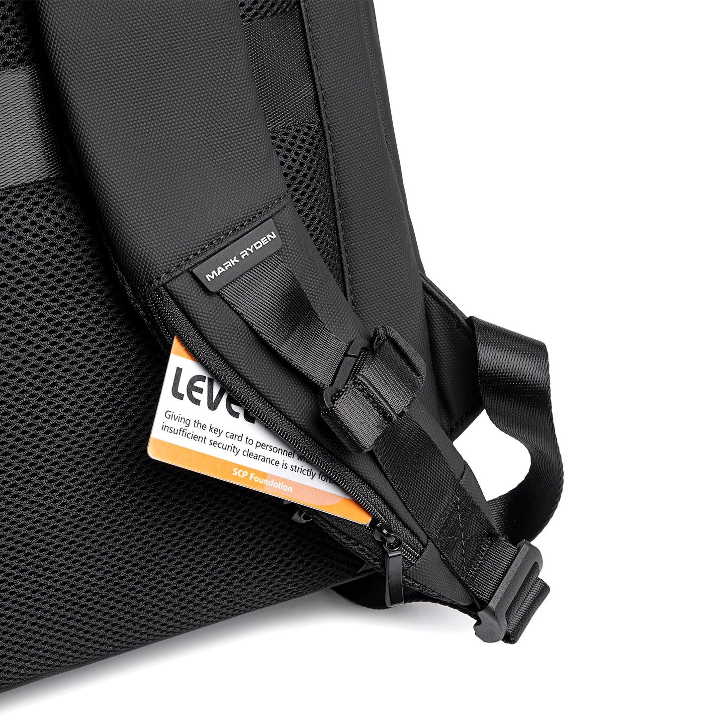 Mark Ryden Compacto Pro backpack - black mesh & fabric, zippered pocket with card, modern anti-theft travel bag