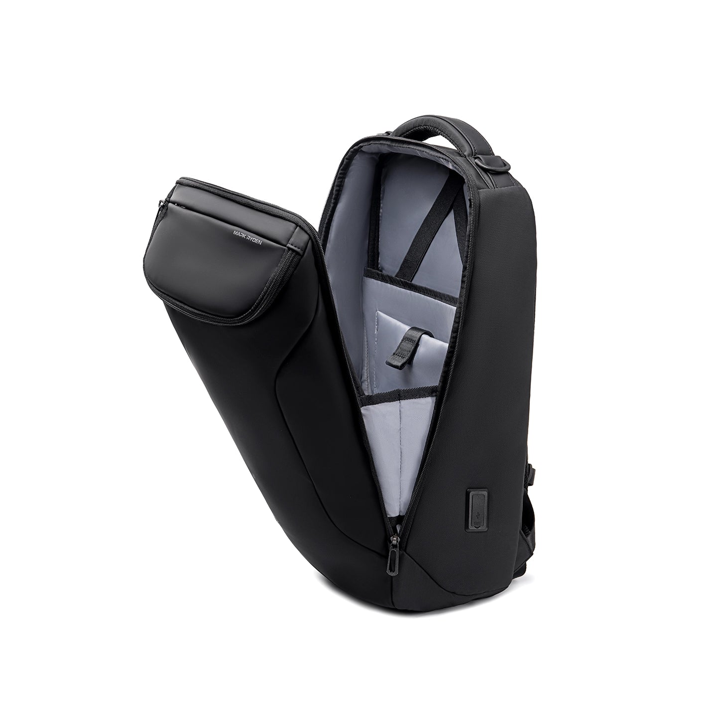 Mark Ryden Compacto Pro black futuristic daily backpack with large capacity interior