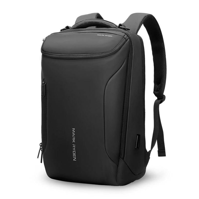 Black MarkRyden Compacto Pro backpack with sleek futuristic design, large capacity, and multiple zippered compartments for daily use.