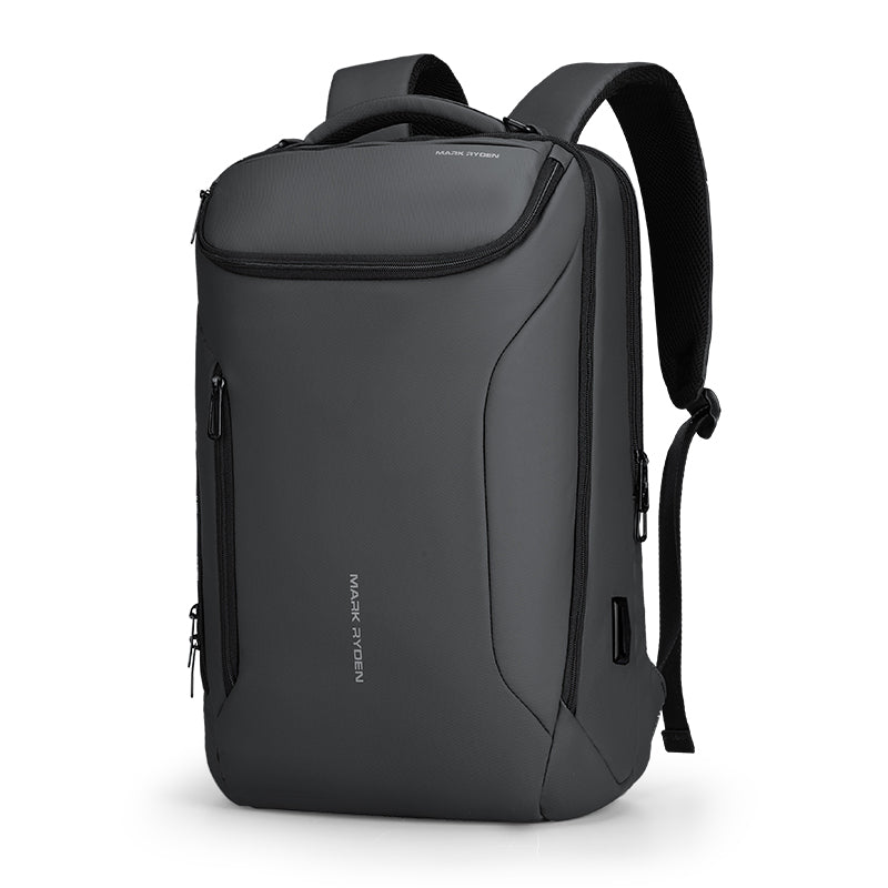 Dark gray MarkRyden Compacto Pro backpack with futuristic design, multiple zippered compartments, USB charging port, and large capacity for daily use.