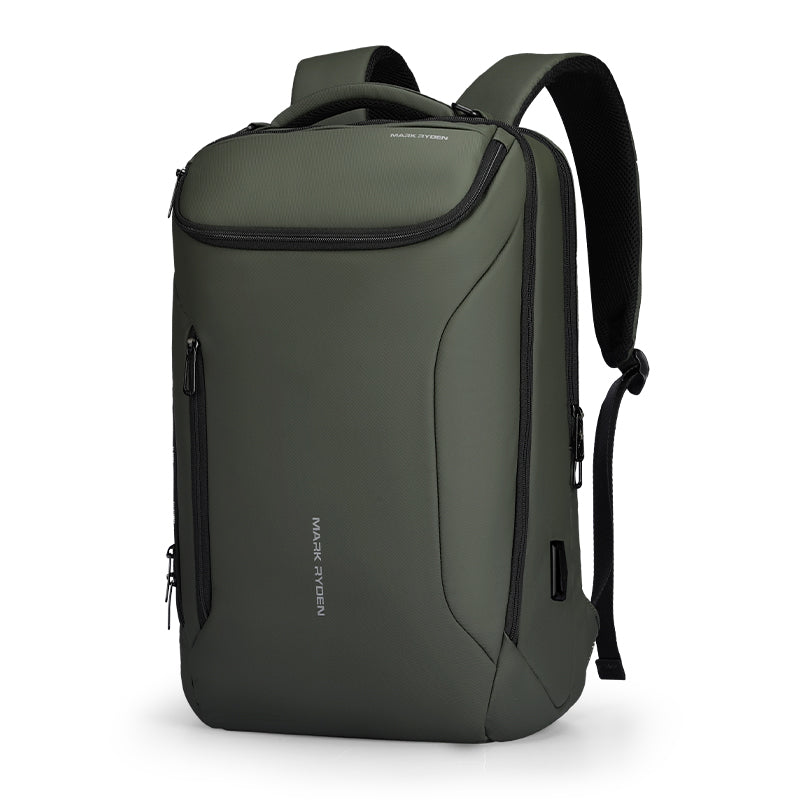 Olive green MarkRyden Compacto Pro top seller backpack with futuristic design, large capacity, multiple zippered compartments, USB charging port, and padded shoulder straps for daily use.