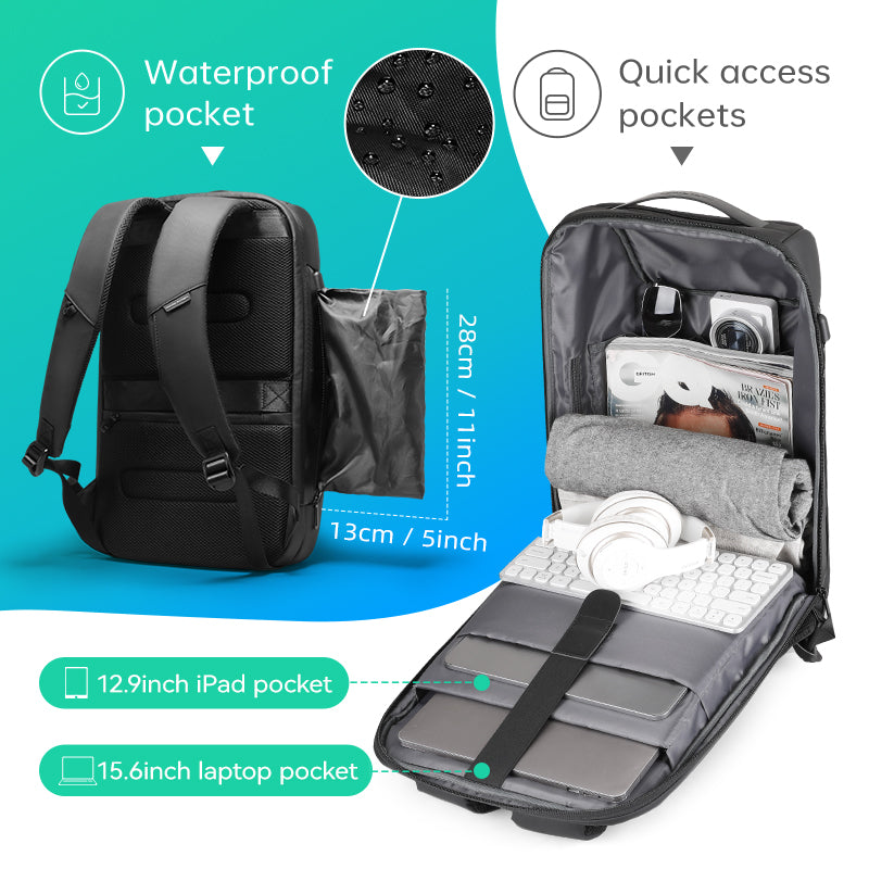 Mark Ryden Global's Odyssey business backpack - black anti-theft waterproof laptop bag with quick access pockets, 12.9" iPad and 15.6" laptop pockets