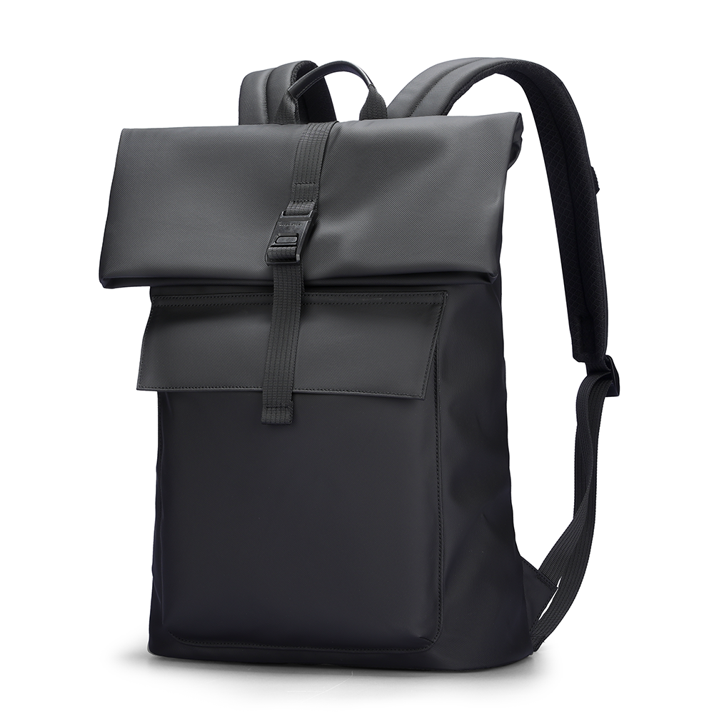 Minimalism Ⅰ dark gray roll-top backpack with front flap pocket and padded straps, designed for daily commute with versatile capacity.
