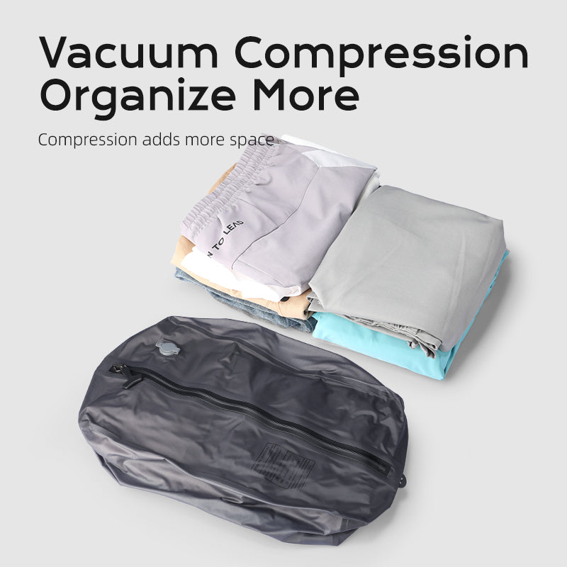 MarkRyden Global's dark gray VacSpace compression bag stores folded clothing efficiently