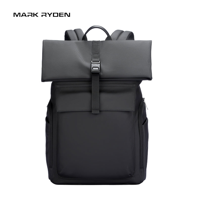 Mark Ryden Minimalism Ⅱ dark gray backpack with roll-top closure, buckle, front pocket, and side compartments for daily commute.