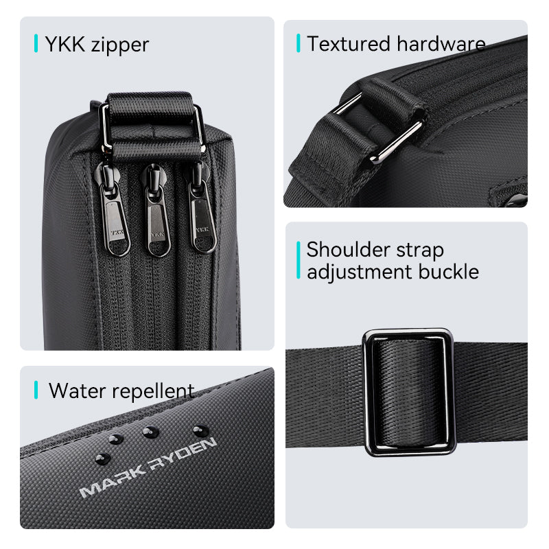 Mark Ryden Global black waterproof crossbody bag with YKK zippers, textured hardware & adjustable strap - lightweight daily use