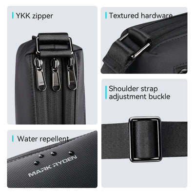 Mark Ryden Global black waterproof crossbody bag with YKK zippers, textured hardware & adjustable strap - lightweight daily use