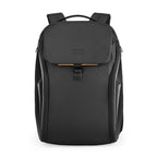 Black Mark Ryden FileMaster backpack with front flap, buckle closure, orange accent, and multiple compartments for personal belongings organization.