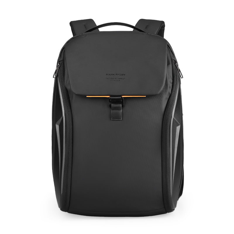 Black Mark Ryden FileMaster backpack with front flap, buckle closure, orange accent, and multiple compartments for personal belongings organization.