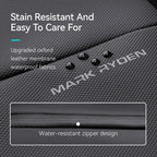 Mark Ryden waterproof leather backpack fabric with water droplets showing stain resistance