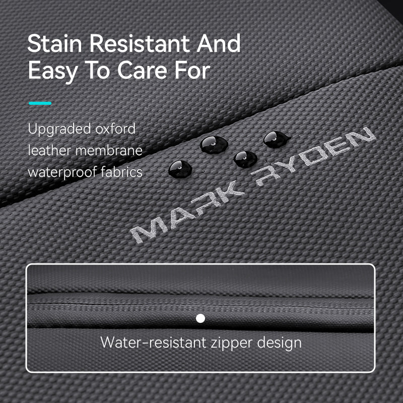 Mark Ryden waterproof leather backpack fabric with water droplets showing stain resistance