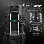 High capacity black leather membrane waterproof backpack attached to luggage