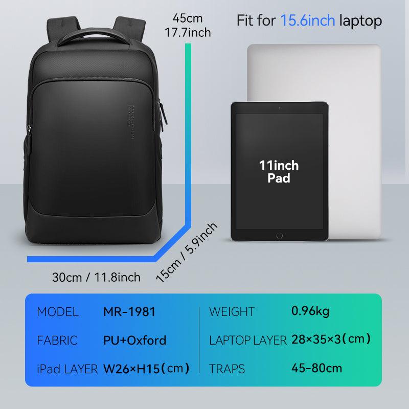 Black premium anti-theft backpack MR-1981, fits 15.6in laptop, PU+Oxford fabric, MarkRyden Global