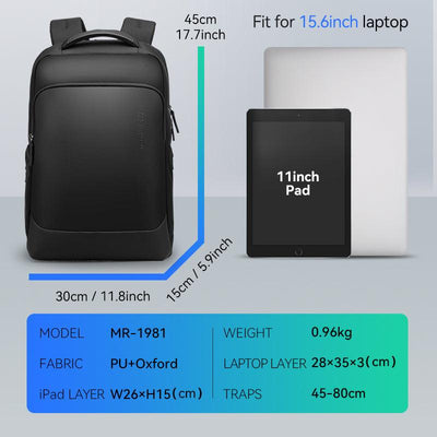 Black premium anti-theft backpack MR-1981, fits 15.6in laptop, PU+Oxford fabric, MarkRyden Global