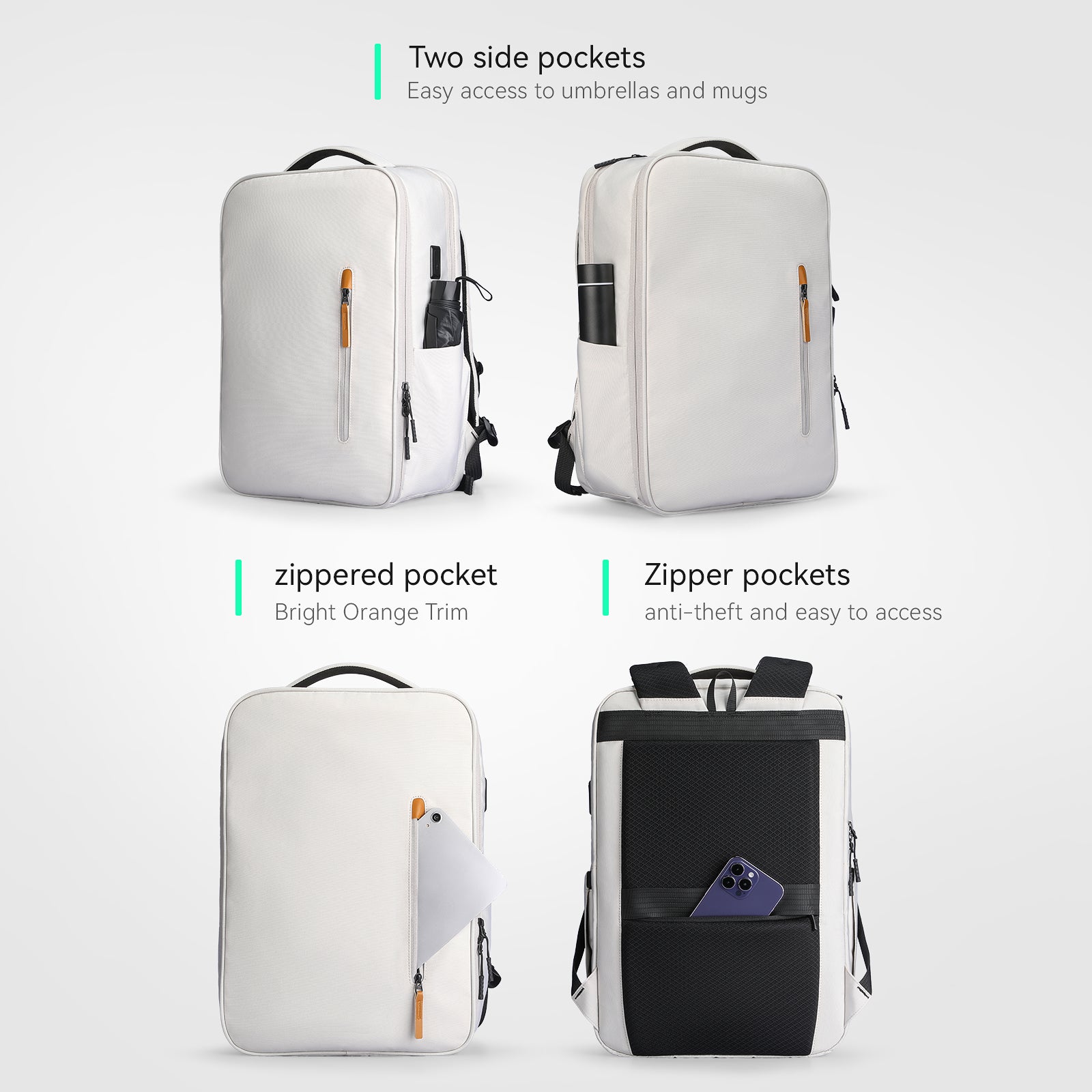 White Urbanity City Commuter Oxford 17.3 inch Laptop Backpack with black straps, orange zipper pulls, side pockets for umbrellas/mugs, zippered pocket with bright orange trim, anti-theft zipper pockets, and laptop/tablet compartment.
