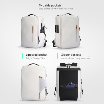 White Urbanity City Commuter Oxford 17.3 inch Laptop Backpack with black straps, orange zipper pulls, side pockets for umbrellas/mugs, zippered pocket with bright orange trim, anti-theft zipper pockets, and laptop/tablet compartment.