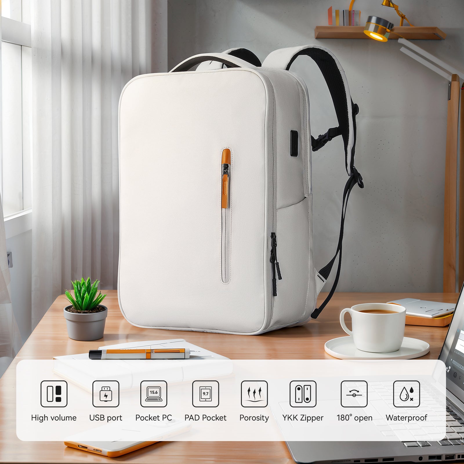 White anti-theft urban commuter laptop backpack with USB port on wooden desk