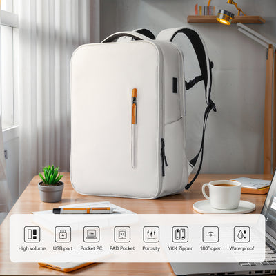 White anti-theft urban commuter laptop backpack with USB port on wooden desk