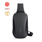 MarkRyden black waterproof hard-shell crossbody bag with award badges