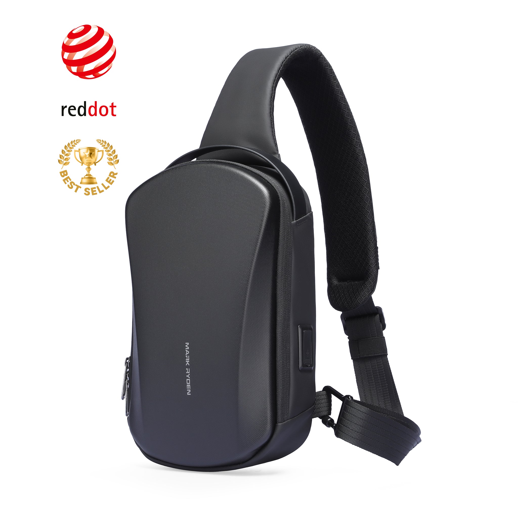 MarkRyden Ratio Arc Mini black hard-shell waterproof crossbody bag with padded shoulder strap, zippered pocket, and sleek compact design.