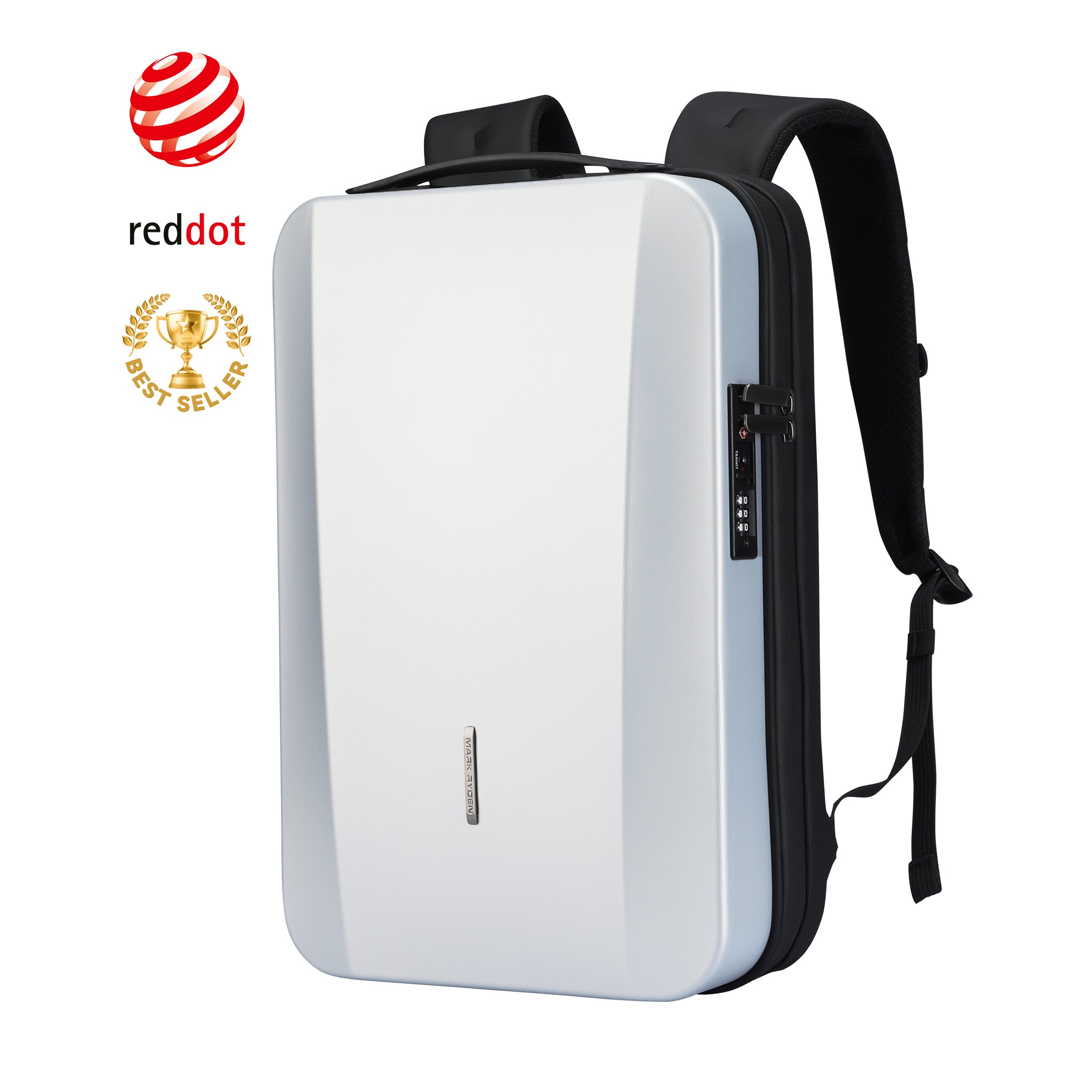 The Ratio Arc: white hard-shell waterproof laptop backpack with black straps, combination lock, Red Dot award, and best seller badge