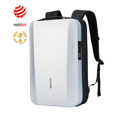 The Ratio Arc: white hard-shell waterproof laptop backpack with black straps, combination lock, Red Dot award, and best seller badge