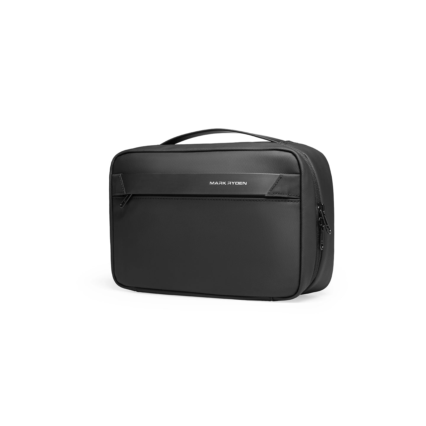 Black compact multi-layer paged washbag with large capacity, durable fabric, and top handle from MARK RYDEN.