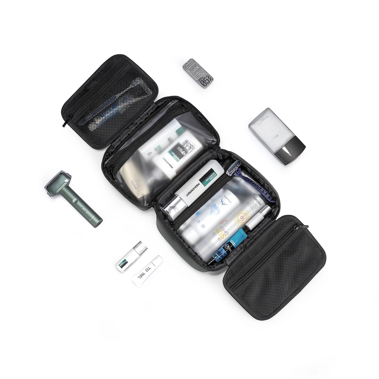 Compact black multi-layer washbag for modern travelers