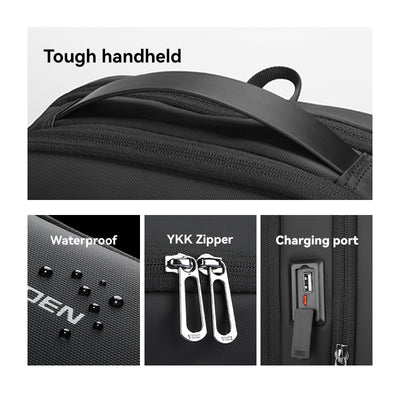 Black futuristic minimalist lightweight backpack with tough handheld handle, waterproof material (water droplets shown), YKK zippers, and built-in charging port.