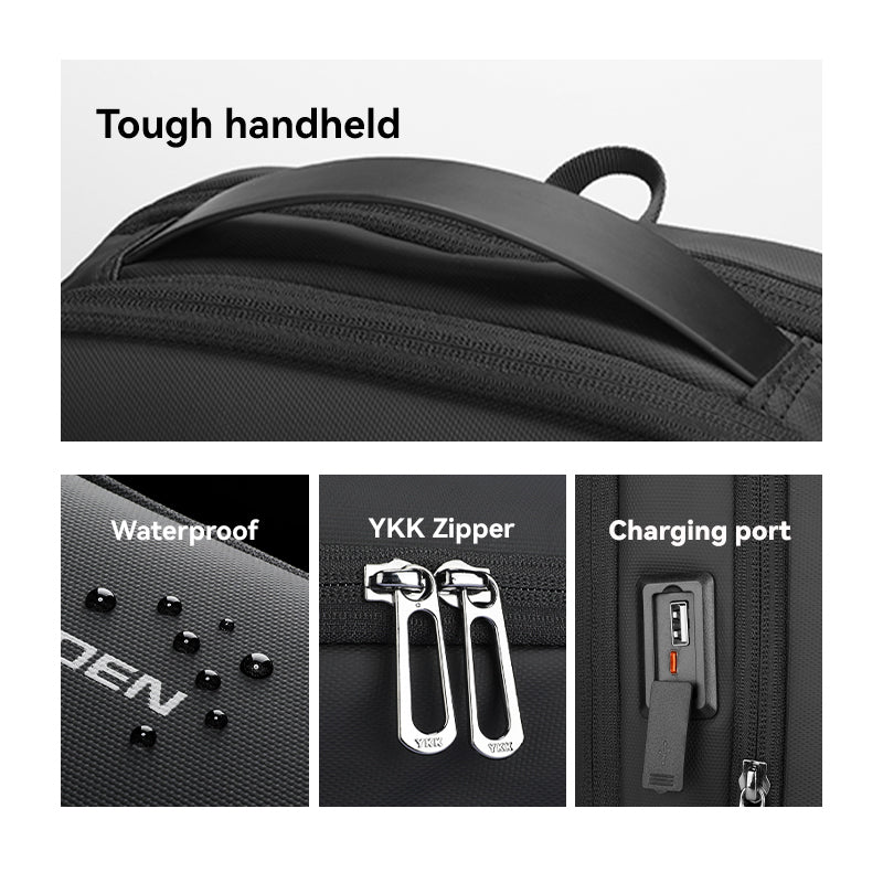 Black futuristic minimalist lightweight backpack with tough handheld handle, waterproof material (water droplets shown), YKK zippers, and built-in charging port.