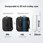 Mark Ryden Global backpack comparison: standard vs expansion form, comparable to 20 inch trolley case